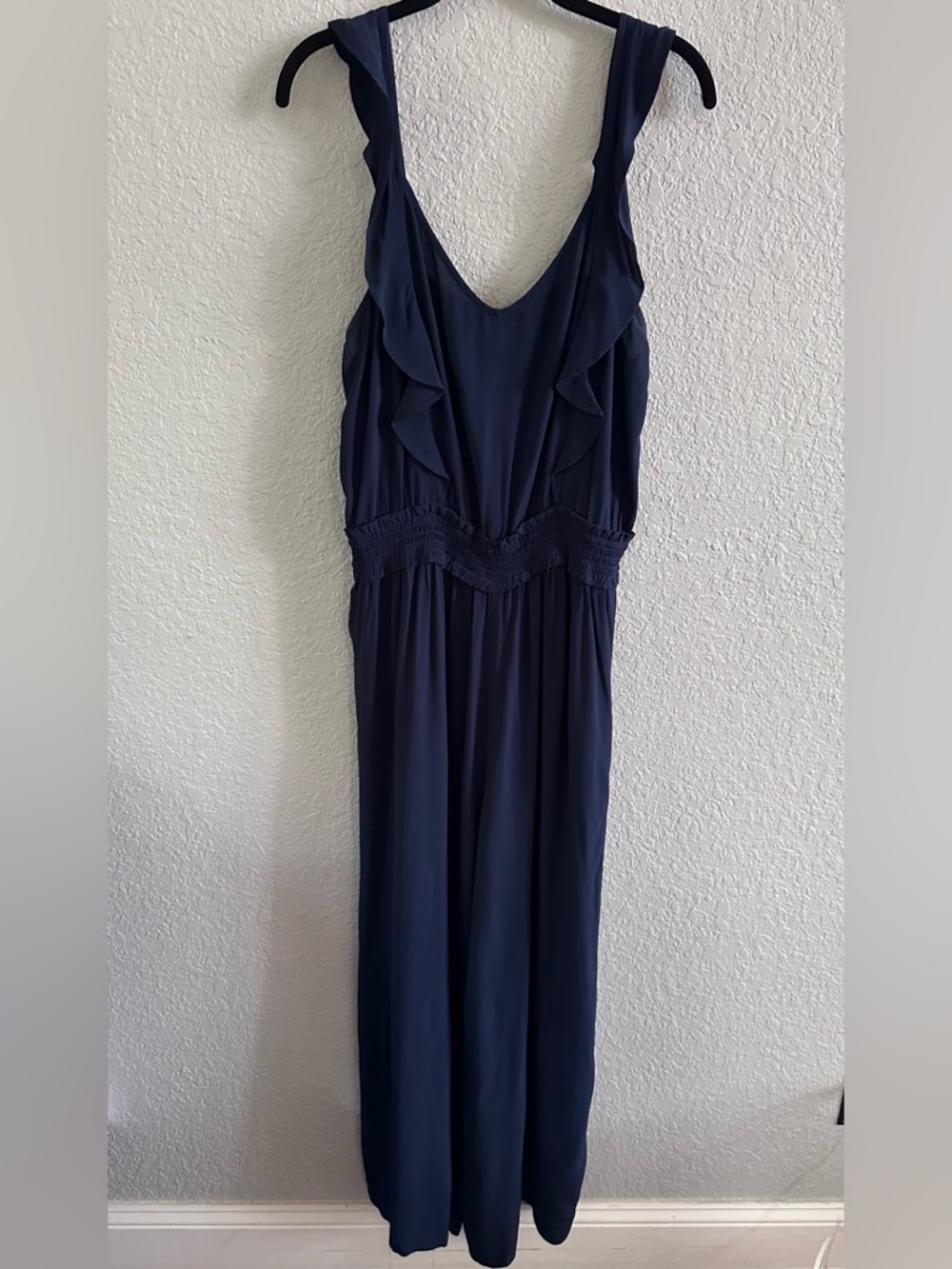 LOFT Navy Sleeveless Wide Leg Jumpsuit Ruffle Trim Smocked Waist Size Large - Picture 2 of 11